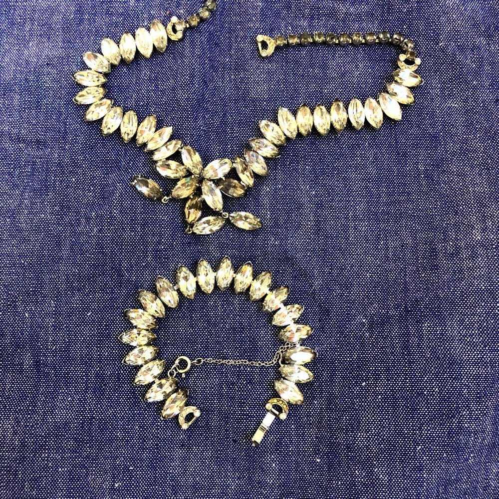 Vintage Rhinestone Necklace And Matching Bracelet Clear Rhinestone Flower Center